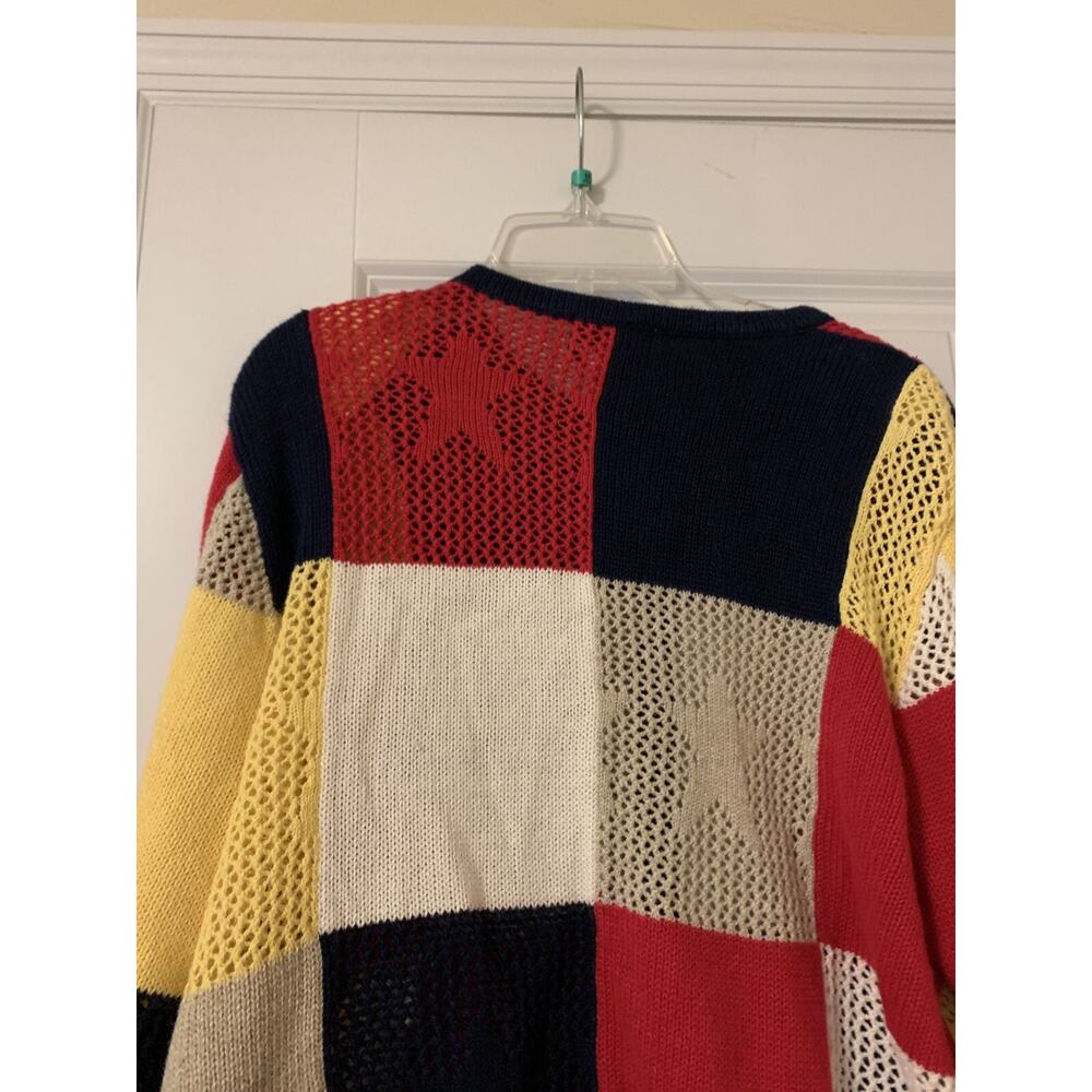 Breckenridge red blue yellow star themed knit button down sweater ramie blend L - Picture 4 of 5